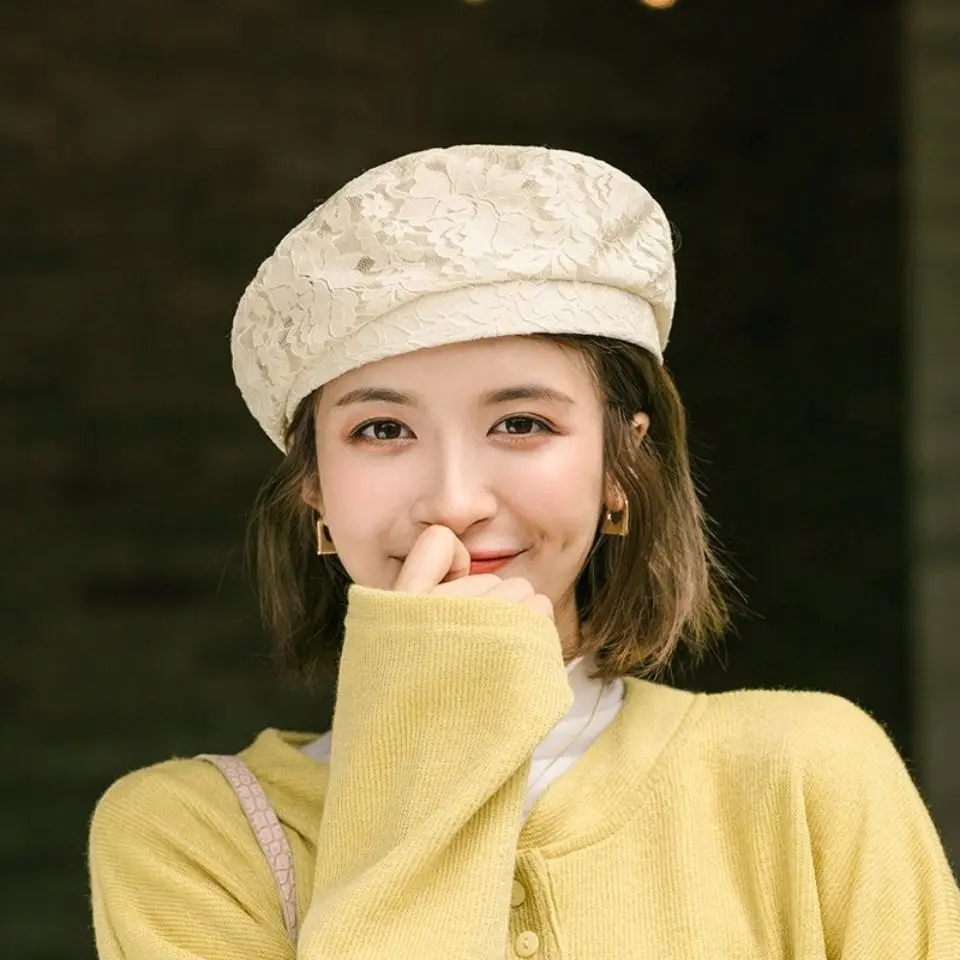 Thin Lace Beret Ladies Summer Street Shoot Fashion Bud Hat Elegant Artistic Spring Autumn Department Painter Hat Decorative Hats