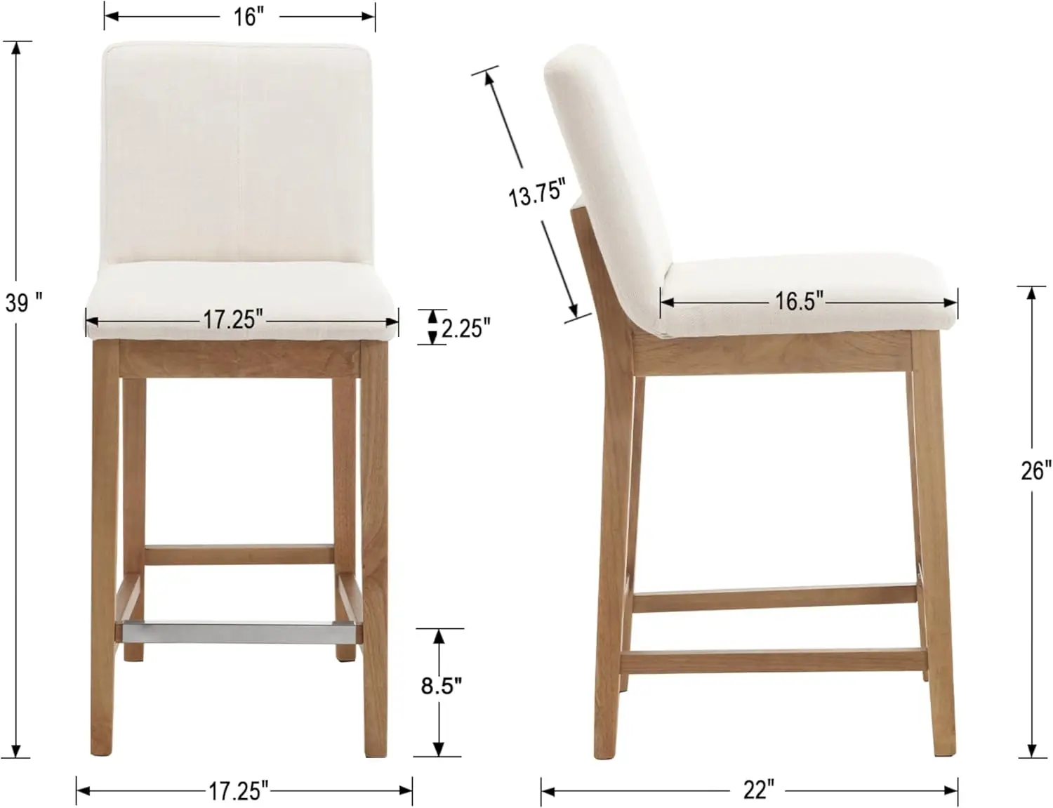 Kmax 26 Inch Counter Height Bar Stools Set Of 2, Upholstered Stools For Kitchen Counter With Back Support Rustic Wooden White