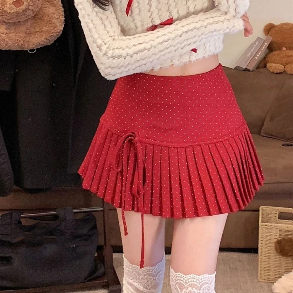 Zoete Zoete Geplooide Rokken voor Vrouwen Preppy Stijl Hoge Taille Dot Mini Rok met Veiligheidsbroek Strik A-lijn Korte Rokken Dames