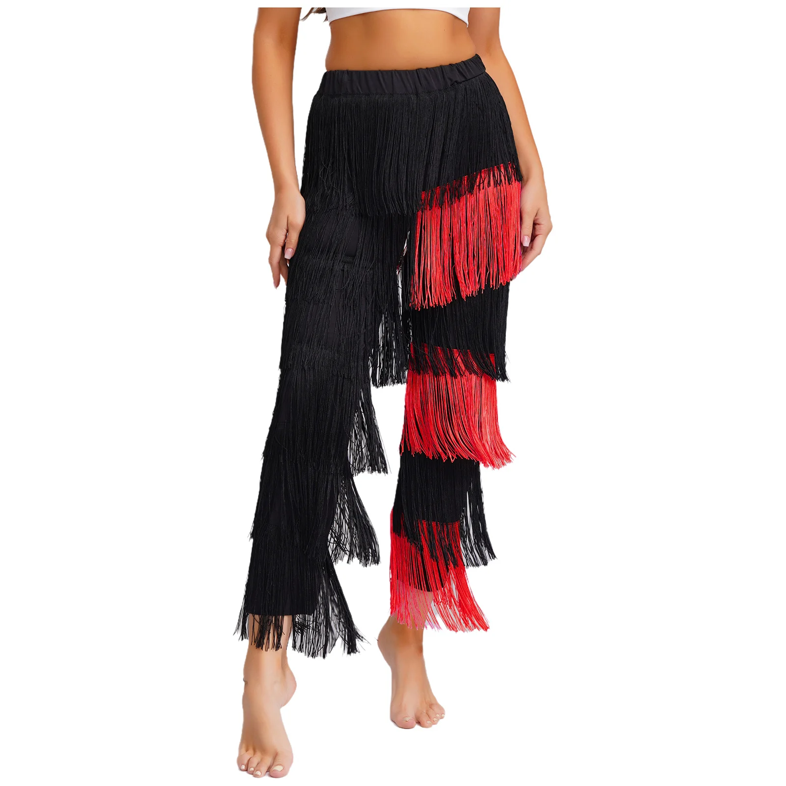 Womens Fringe Tassel Latin Jazz Dance Pants Elastic Waistband Contrast Color Trousers for Chacha Tango Rumba Salsa Dance Costume