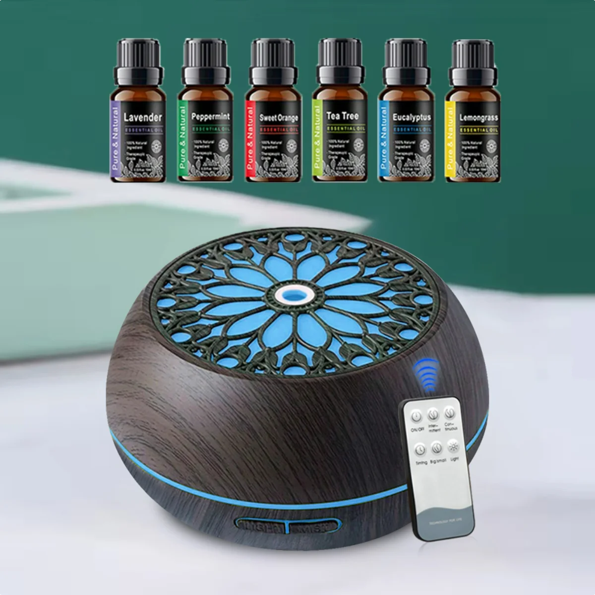 Bedroom Friendly 550ml Diffuser 7 Soothing Light Colors, 6 Aromatherapy Oils & Remote Controlled Timer