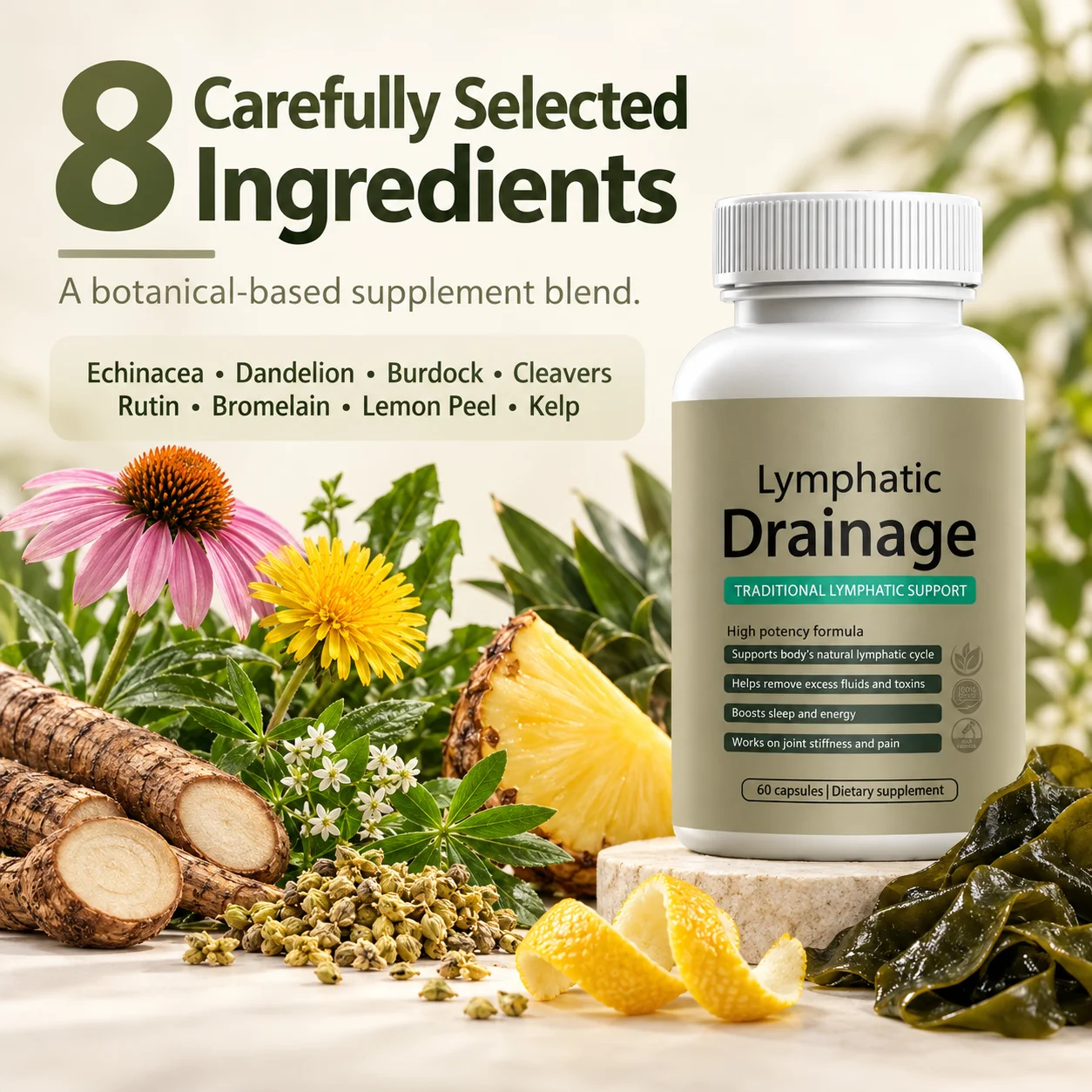 Lymphatic Drainage Support Supplement 60 Capsules with Dandelion and Echinacea Herbal Blend for Fluid Balance and Daily Wellness