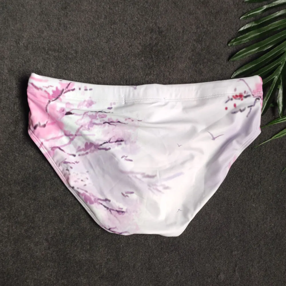 Men's Sexy Swim Bikini Swimsuit Swimwear Quick Dry Flower Print Briefs Plum Blossom Swimming Trunks Beach Shorts Surf Underpants