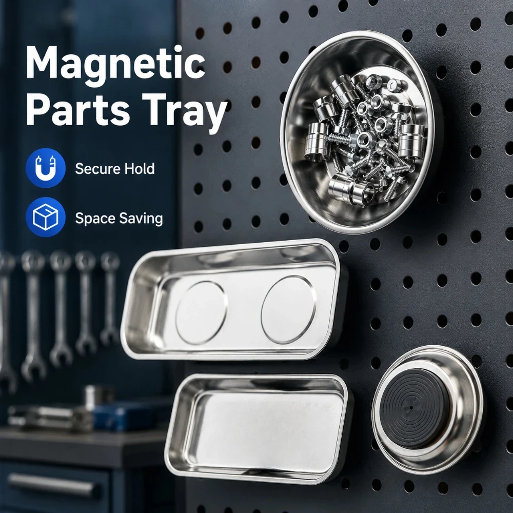 Image of Runde und quadratische magnetische Schüssel, Edelstahl-Teileablage, langlebig, hält Schrauben, Muttern, Bolzen, einfacher Zugriff, verhindert Verlust, Werkstatt