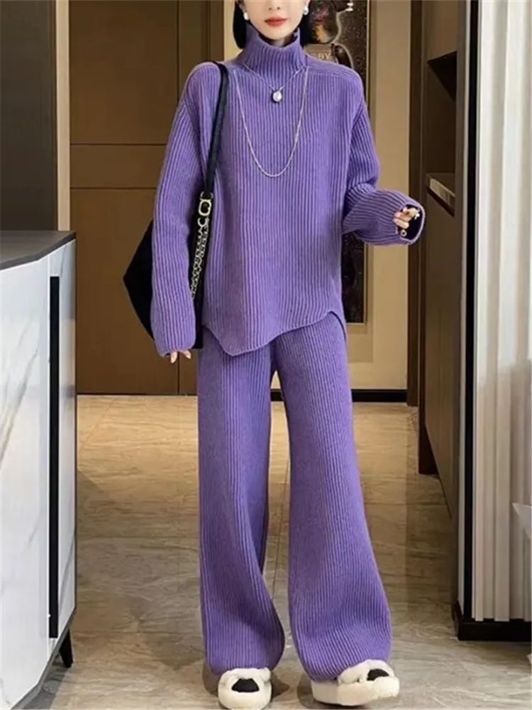 Purple Turtleneck Knitted Suit Women 2024 New Thickened Fashion High-grade Sweater Wide Leg Pants Two-piece Set of Tide