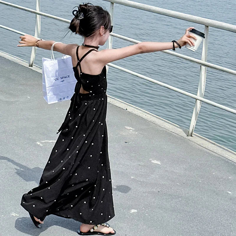 teenage girls dress design sense cross tie polka dot camisole princess dresses summer junior backless long skirt prom dresses 12