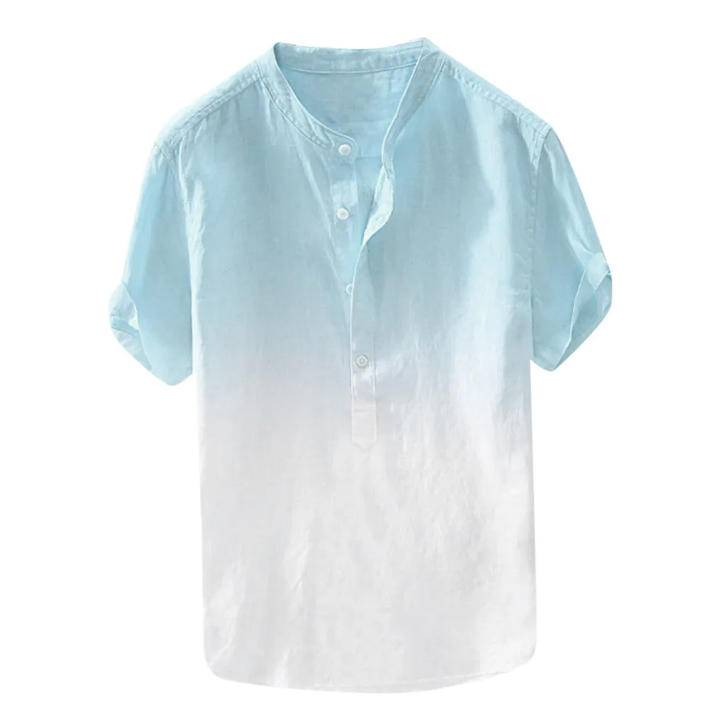 

Summer Men Cool Shirts Fashion Comfortable Breathable Stand-Collar Tops Drop-Dyed Gradient Cotton And Linen Short Sleeve Shirts