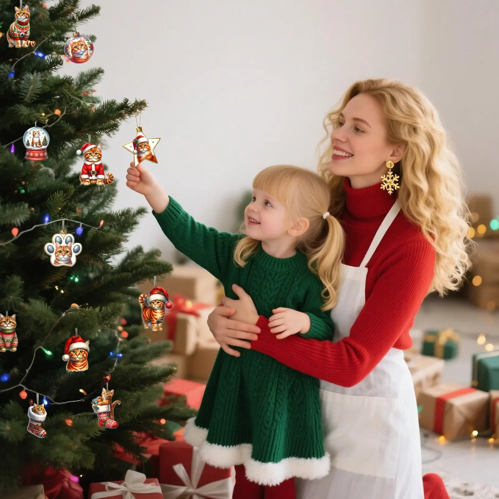 24 peças gato ornamento de natal enfeites de árvore de natal de madeira pingente de férias para casa apartamento sala de estar cozinha