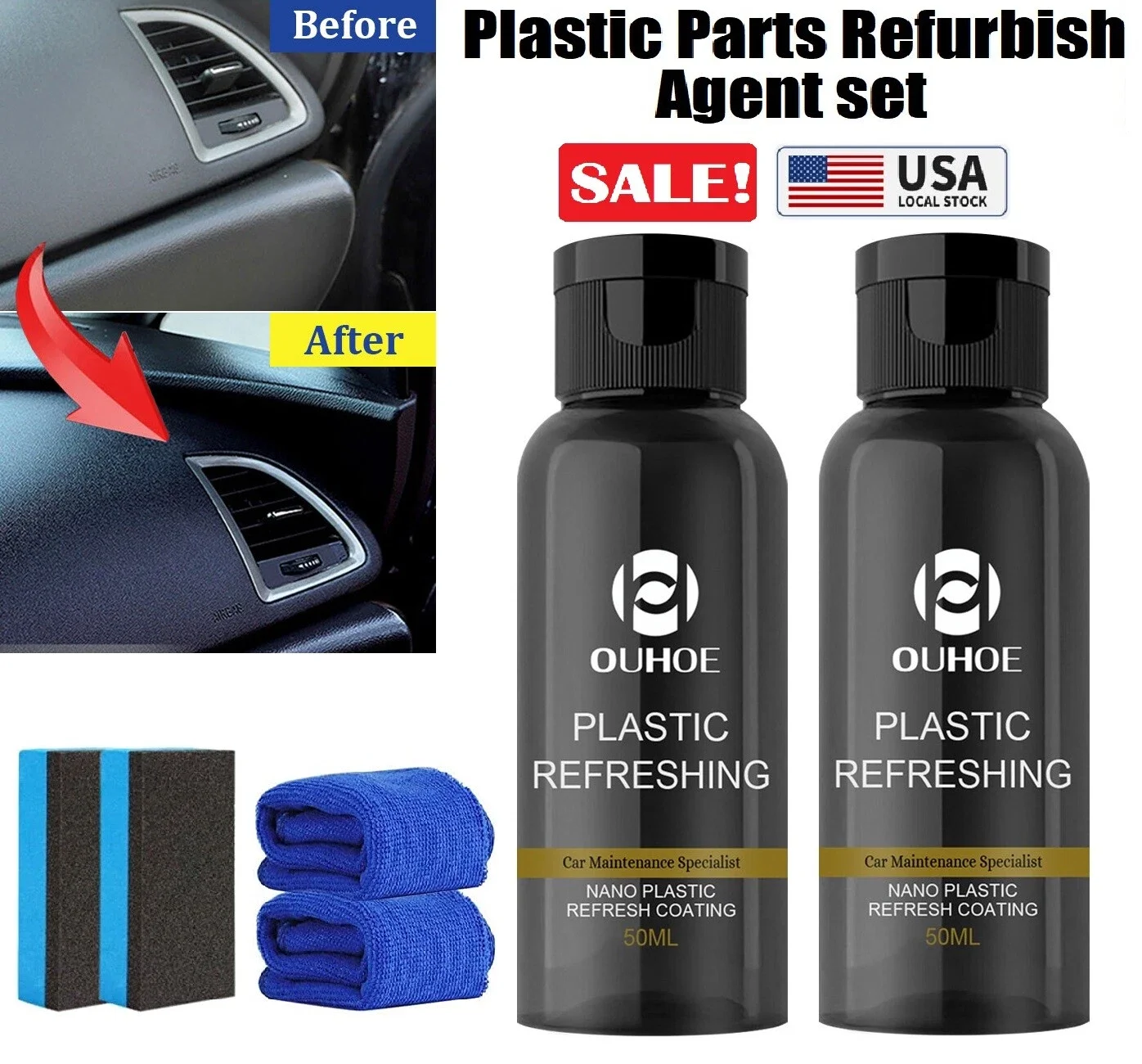 

2 компл., 50 мл, средство для восстановления пластиковых деталей, восстановитель салона приборной панели автомобиля с губкой