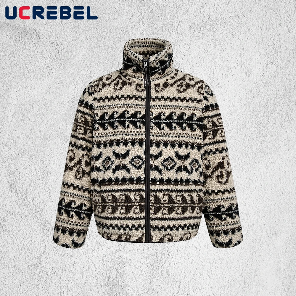 

Куртка шерпа с узором Fair Isle, мужская ретро уличная свободная верхняя одежда с воротником-стойкой и длинными рукавами, мужская
