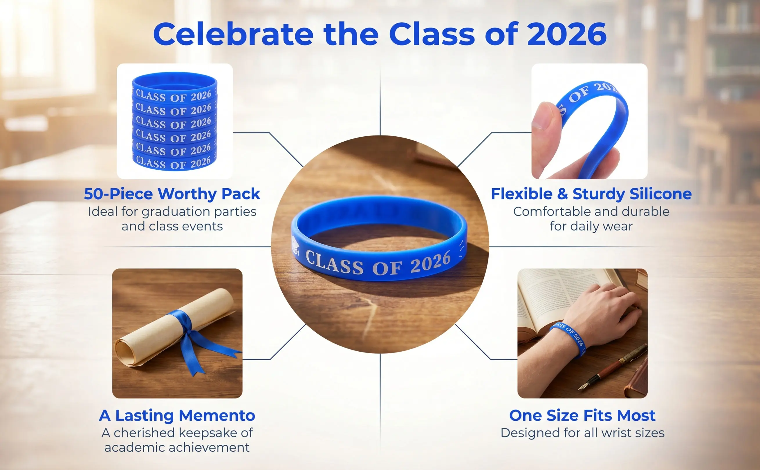 50 Pcs Graduate Silicone Congrats Celebrating Bracelets Graduation Commemorative Party Favors for Guests