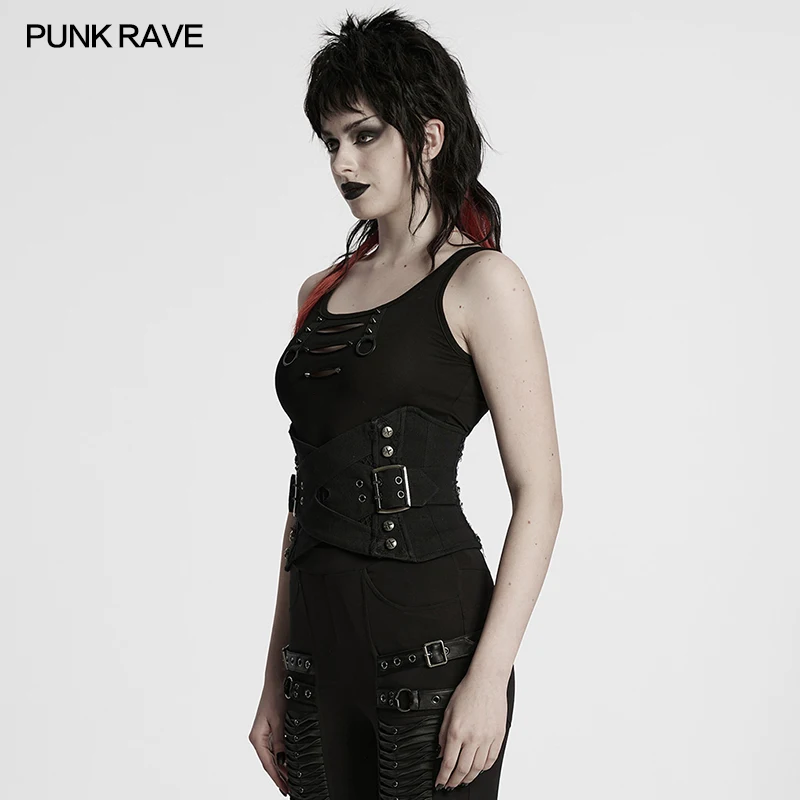 PUNK RAVE 여성용 펑크 인터레이스 디자인 코르셋 맞춤형 금속 버클 및 스터드 장식 Cummerbunds 액세서리