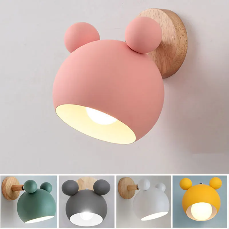 

Macaron Mickey Small Wall Lamp Cute and Simple Personality Bedroom Mickey Solid Wood Cartoon Children's Room Bedside Wall Lamp