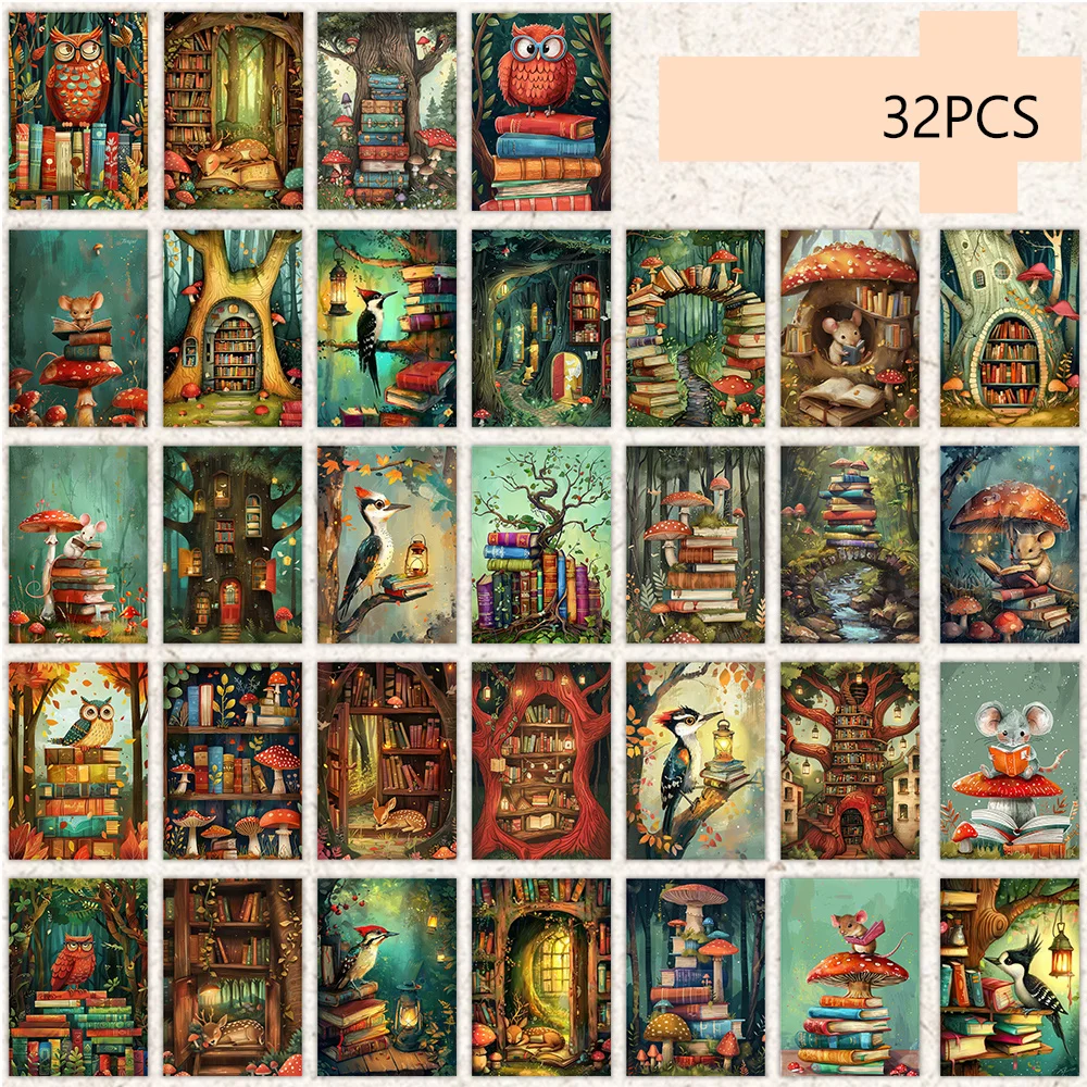 32pcs,Animal Magic Bookstore   Postcards, decoration/greeting cards/postcards, high-precision printing, collectible and mailable image 4
