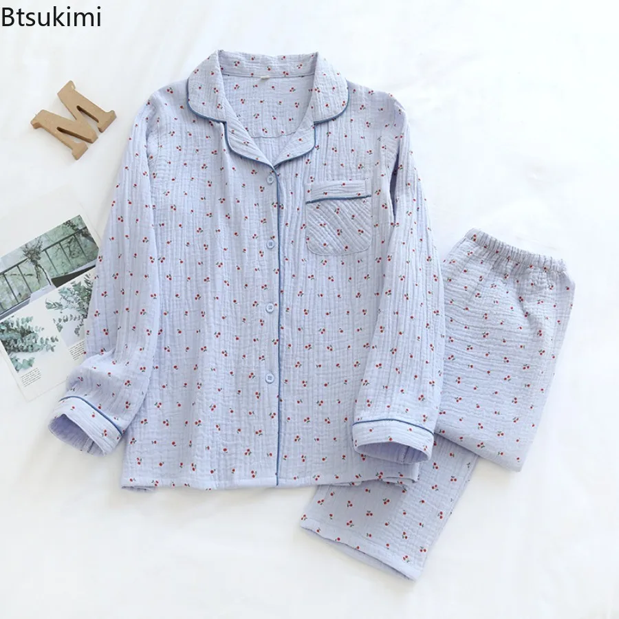 New 2025 Little Cherry Double Crepe Pajamas for Women Small Fresh Gauze Cotton Lapel Long Sleeve Trousers Cotton Homewear Set