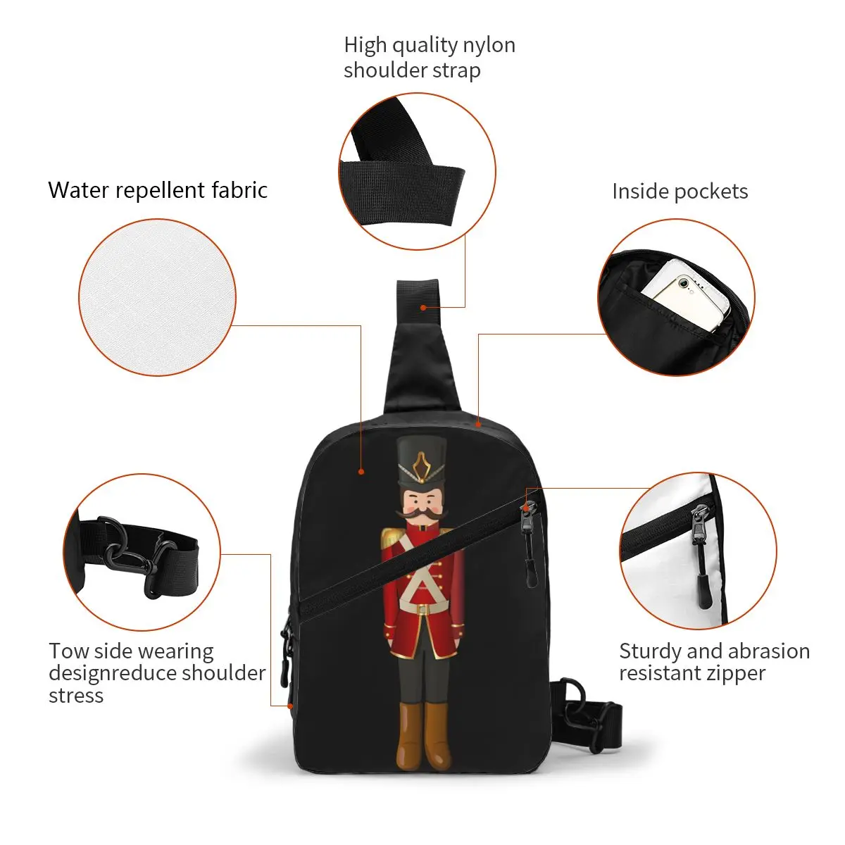 Cartoon Christmas Nutcracker Toy Soldier Sling Bags for Men Fashion Shoulder Crossbody Chest Backpack Cycling Camping Daypack