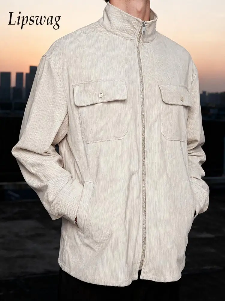 

2026 Spring Fall Daily Casual Jacket Coats Men Vintage Solid Color Ribbed Corduroy Jackets Mens Stylish Zipper Stand Collar Coat