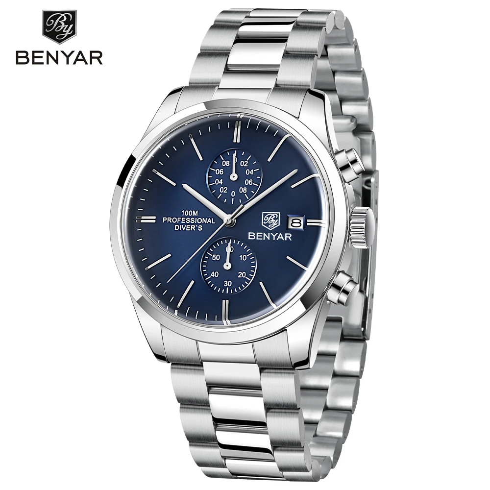 Benyar5187 Sports Quartz Watch Luxury30M Waterproof Chronograph Fashion Leather Military Clock Relojes Hombre