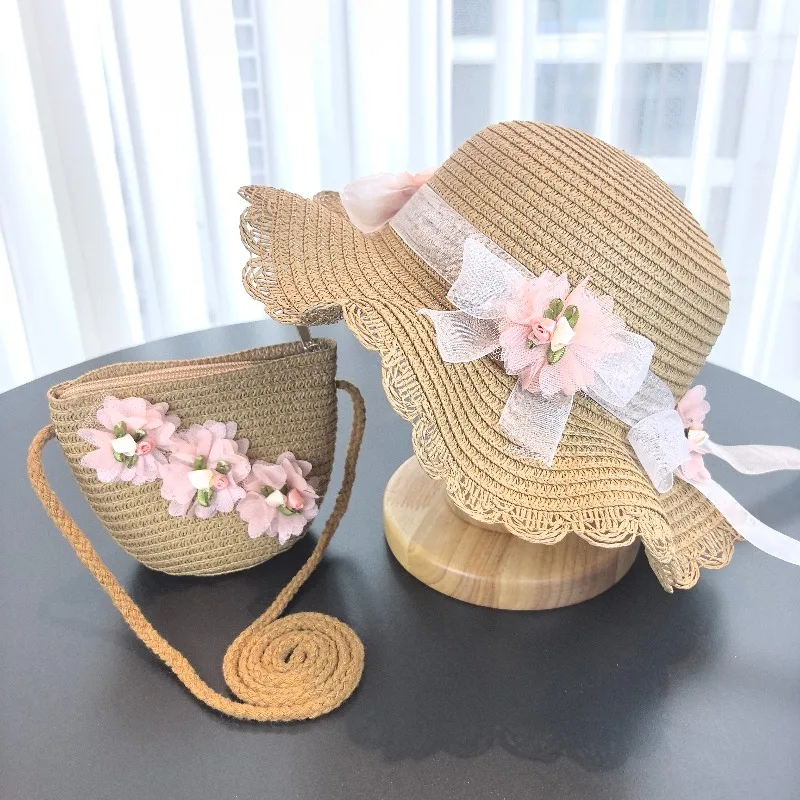 Girls 2pcs Straw Hat Solid Color Outdoor Travel Sun Hat Floral Fisherman Style Children's Fashion Accessory for Girls