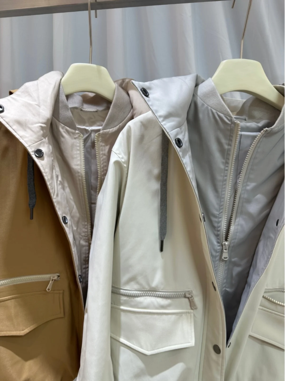 2024 Spring and Summer New B/C Hooded Jacket Coat Loose Casual Double Zip Clash of Colours Trench Coat Women