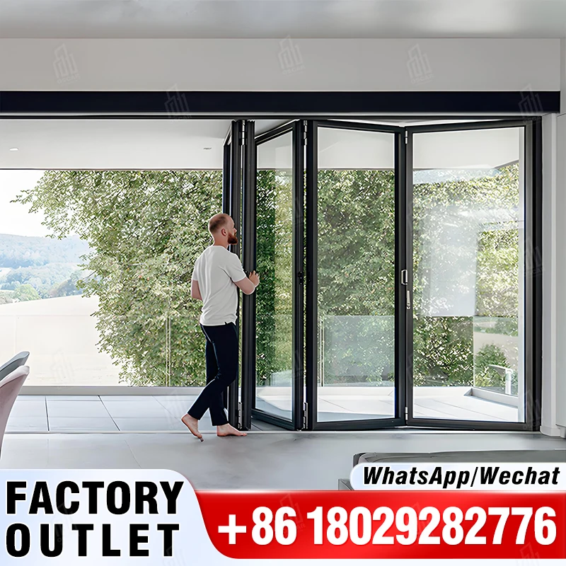 Oscaracso pintu eksterior Aluminium komersial, pintu lipat teras eksterior lapisan ganda profil Aluminium Villa