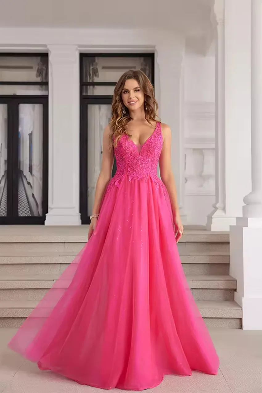 

Customized Appliques Tulle Evening Dresses V Neck A-Line floor length Graduation Dress Backless Lace Up Formal Prom Party Gowns