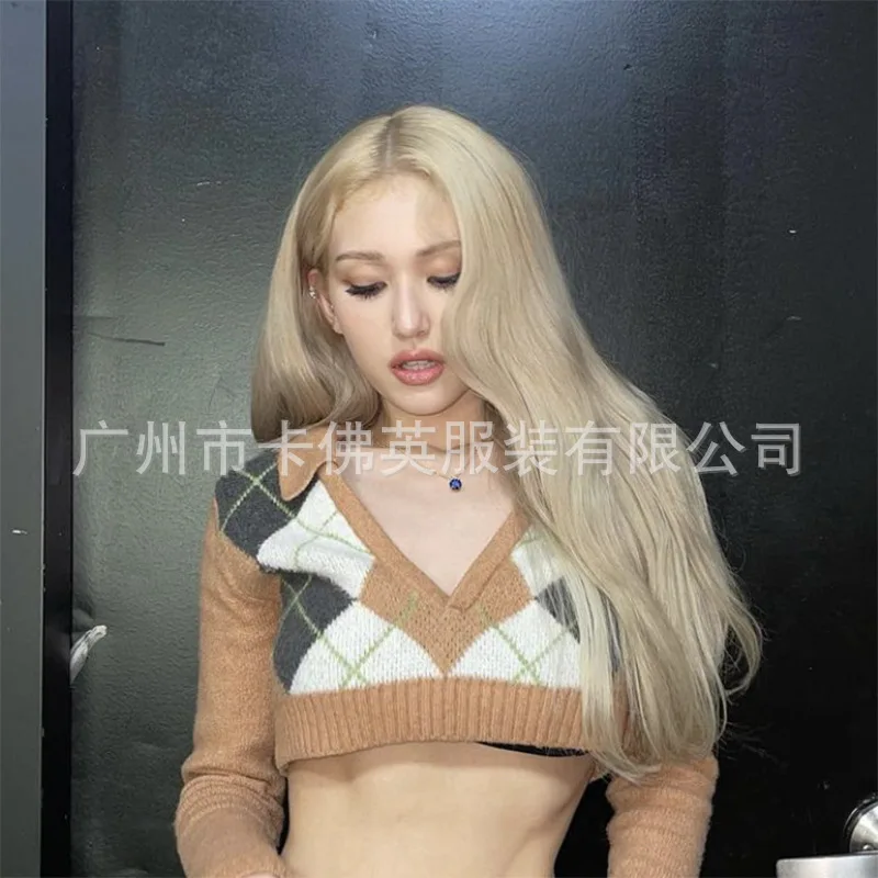 Plaid V Neck Cropped Long Sleeve Knit Top Women Y2K Vintage Korean Streetwear Preppy Casual Slim Fit