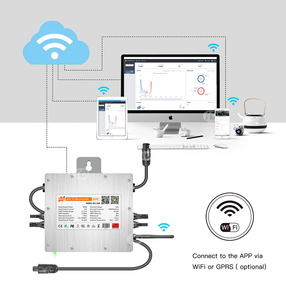 Imagem -06 - Inversor Solar Ip67 do Laço da Grade da Onda Pura do Seno do Micro Inversor Esperto Ip67 para o Sistema do pv de Deye 600w Mppt Wifi 2060v 230v