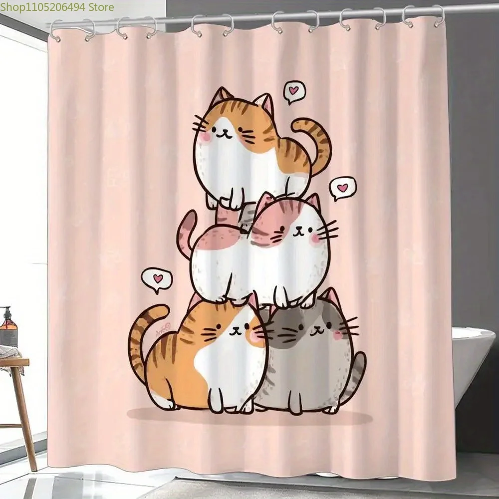 

1 шт. милая занавеска для душа с изображением кошки, уютный семейный декор ко Дню святого Валентина с 12 крючками, 180x180 см, перегородка для окна дома