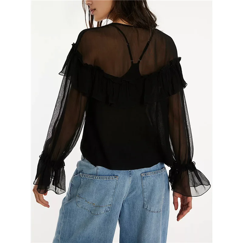 ASDS-Top fluido con lazo frontal para mujer, camisa de gasa con ribete de encaje peplum de manga larga, blusa de playa bohemia con volantes y cuello en V transparente