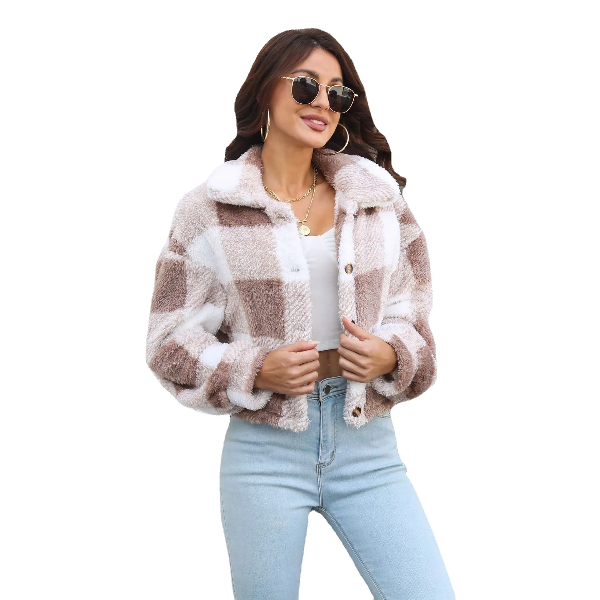 خريف شتاء موضة جديدة منقوشة المرأة على الوجهين المخملية سترة أنيقة فانوس الأكمام سيدة عادية معطف قصير بأكمام طويلة