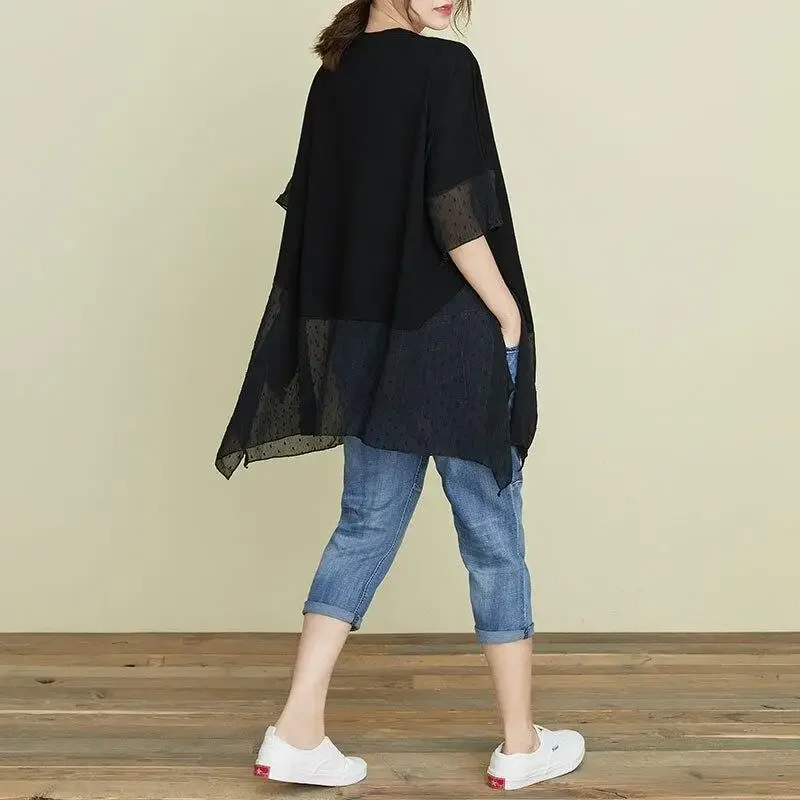 DIMANAF Plus Size Women Blouse T-Shirt Summer Patchwork Oversize O-Neck Loose Short Sleeve Casual Lady Tops Tees Black