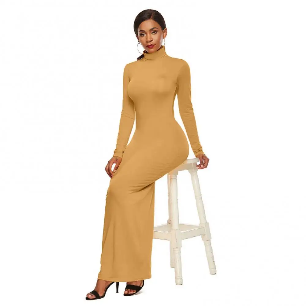 Women Long Dresses Plus Size Party Solid Color Women Long Sleeve Turtleneck Bodycon Dress Maxi Vestidos S-5XL