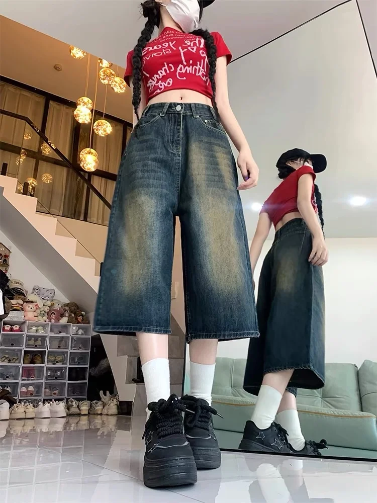 Plones cortos de mezclilla de pierna ancha azules Retro americanos para mujer, plones cortos hoados de talla pequeñ...