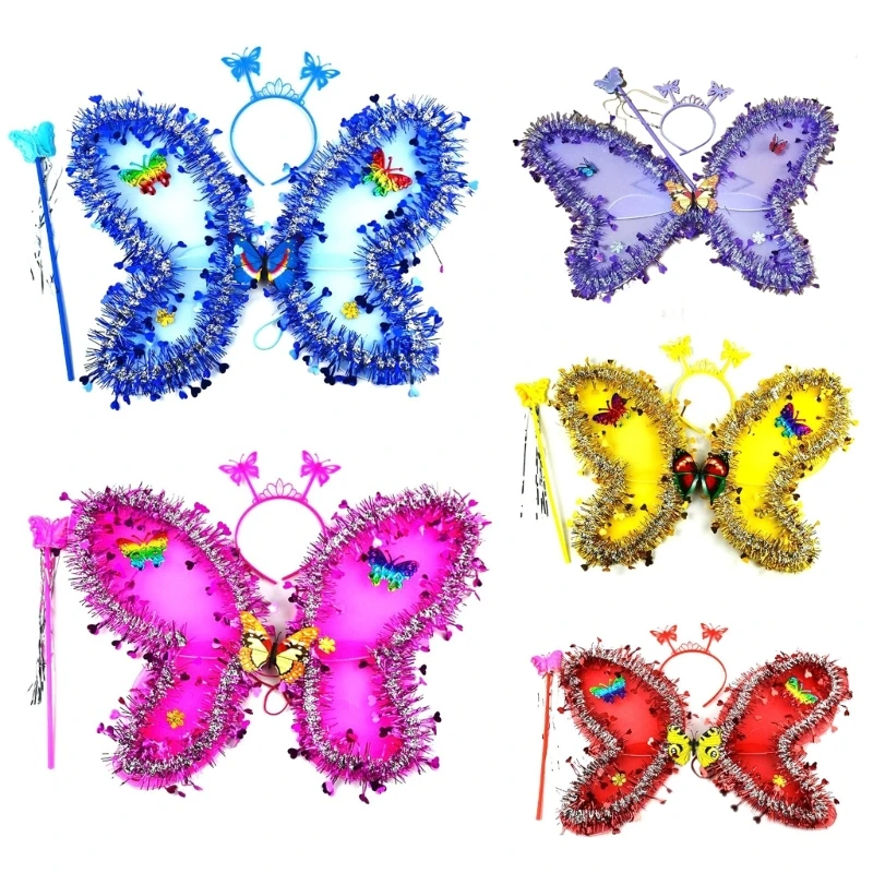 

Butterfly Wings with Wand and Headbands Glitter Sequins Angel Wings Dress Up Fairy-Wings for Halloween Costume Party Ins