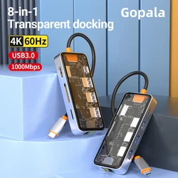 Gopala ซิงค์อัลลอยด์ใส USB-C ฮับ (8-in-1) พร้อม2.0 HDMI 4K 60Hz, แท่นพอร์ตอีเธอร์เน็ต1Gbps สำหรับ MacBook แล็ปท็อป iPad