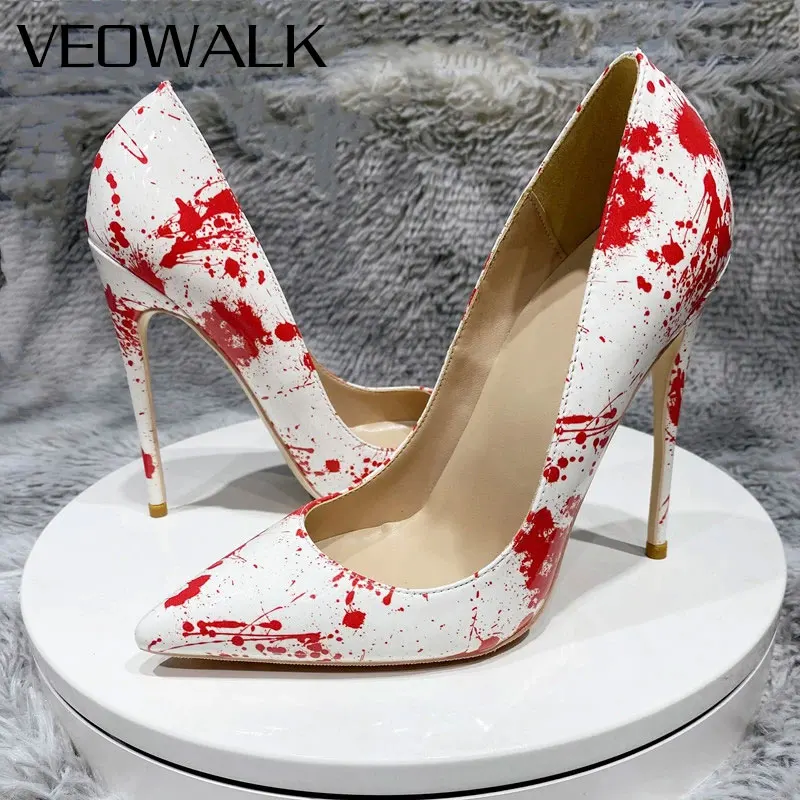 Tikicup مثير المرأة الفنية الأبيض والأحمر طباعة أشار تو الخنجر الكعوب 12 سنتيمتر فائقة عالية الكعب مضخات للحفلات ليلة خارج الأحداث