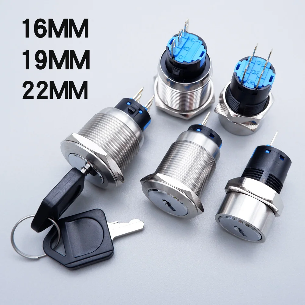 

Metal Rotary Key Switch 16mm 19mm 22mm ON OFF 3/6 Pin With Key 1NO1NC 2/3 Position Waterproof Power Button Lock Latching Switch