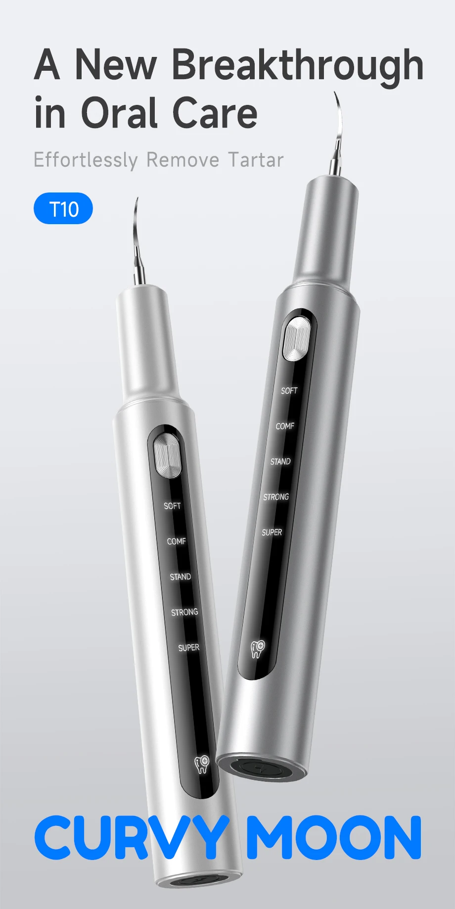 CURVY MOON T10 Elektrischer Ultraschall-Zahnsteinentferner mit 5 Modi und UV-LED zur Zahnaufhellung und Mundpflege – Detail 2