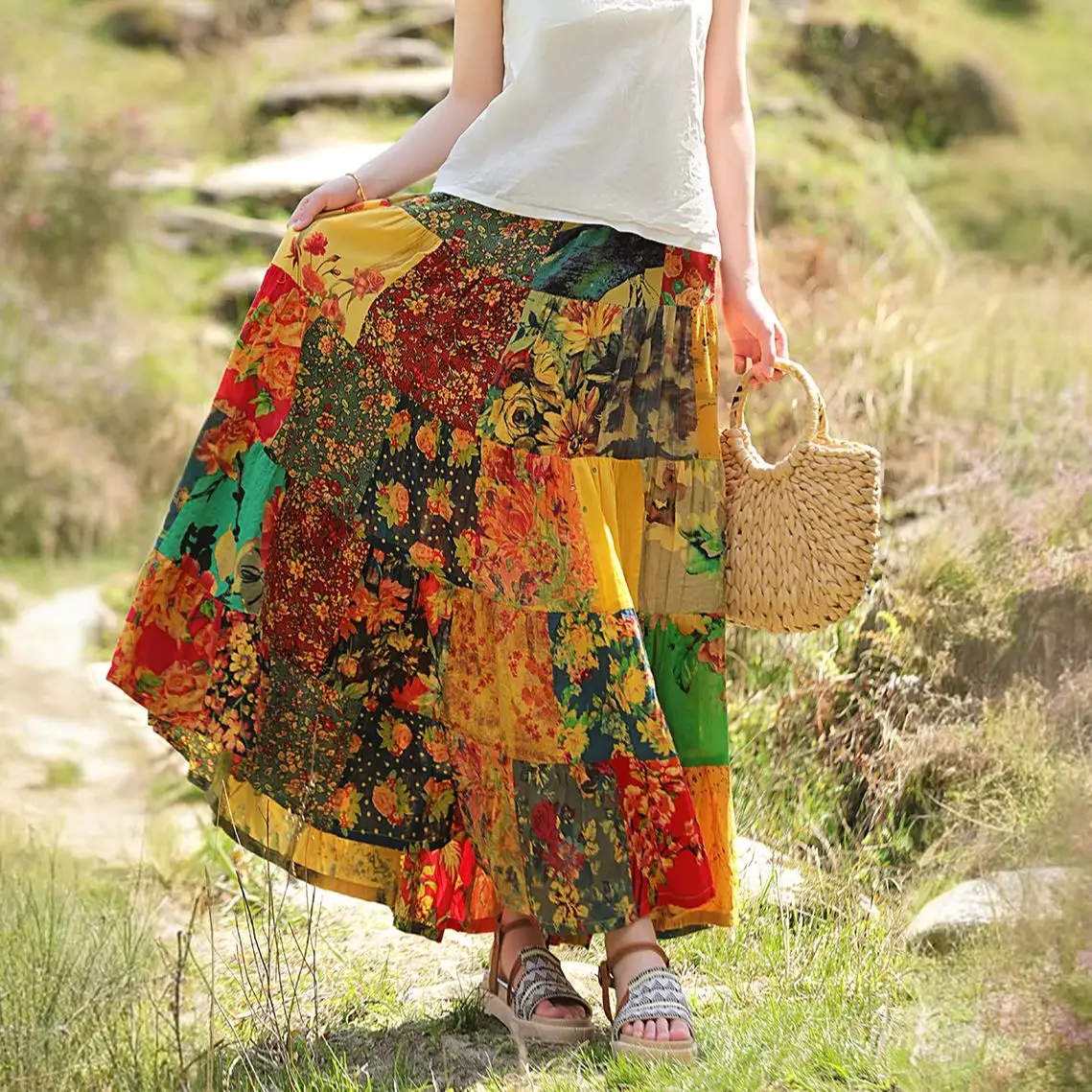 

LZJN Spring and Summer Pure Cotton Hundred Families Cloth Patchwork Printed Half Skirt with Feature Patchwork, Flared Long Skirt