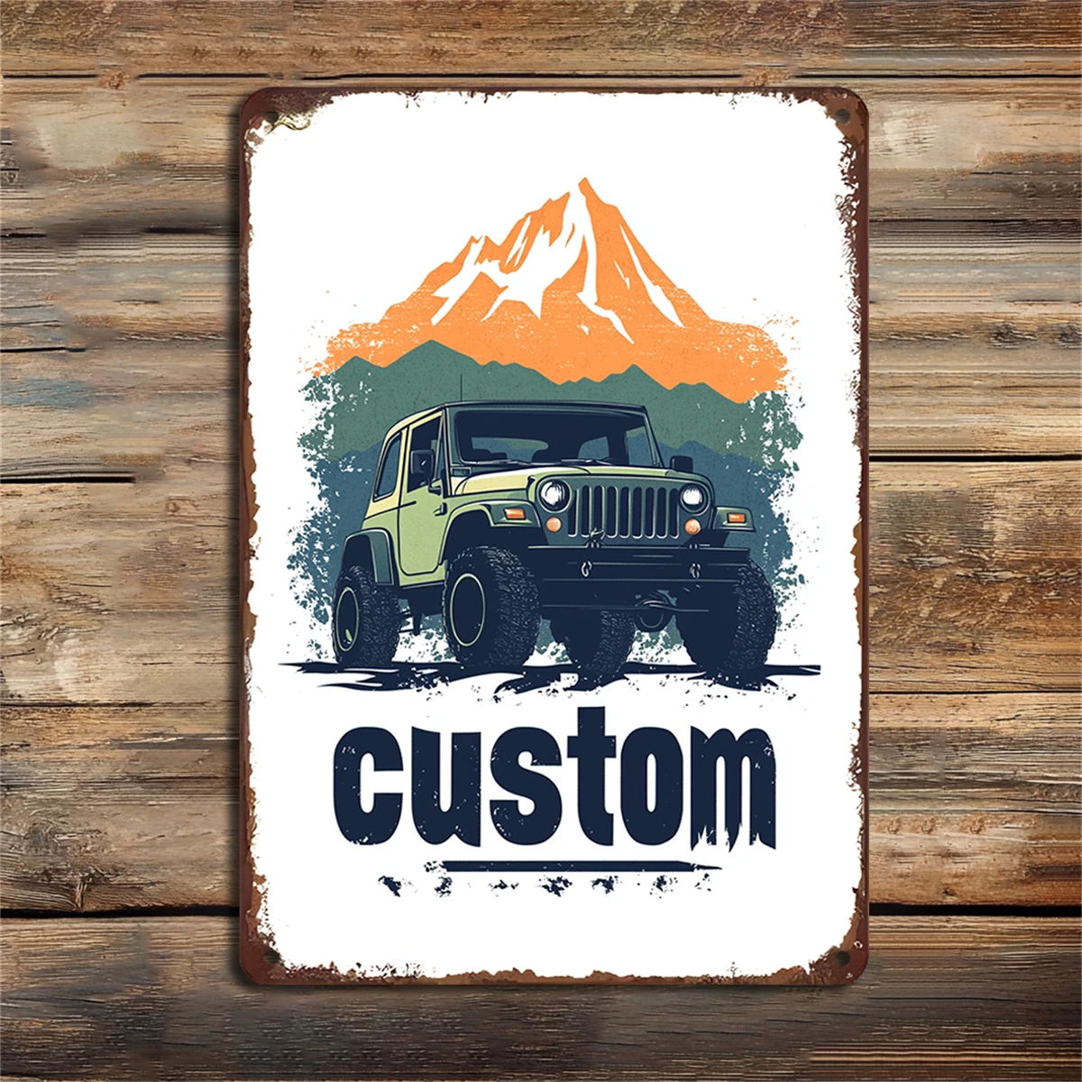 Off-road Vehicle and Mountain Pattern Home Garage Wall Decoration 8X12 Inches Retro Style with Unique Distressed Accents