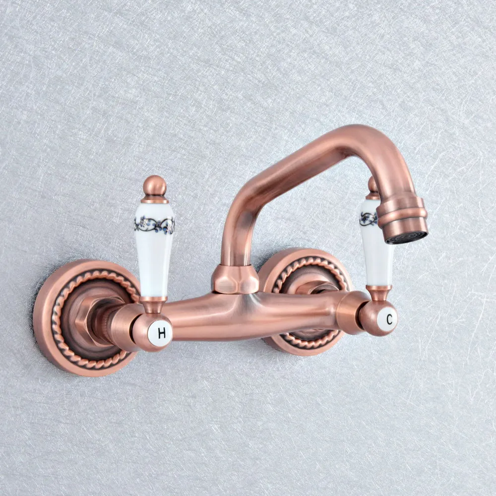 

Antique Red Copper Washbasin Faucet Wall Mounted Kitchen Sink Faucet Swivel Spout Bathroom Basin Cold Hot Water Taps Dsf872