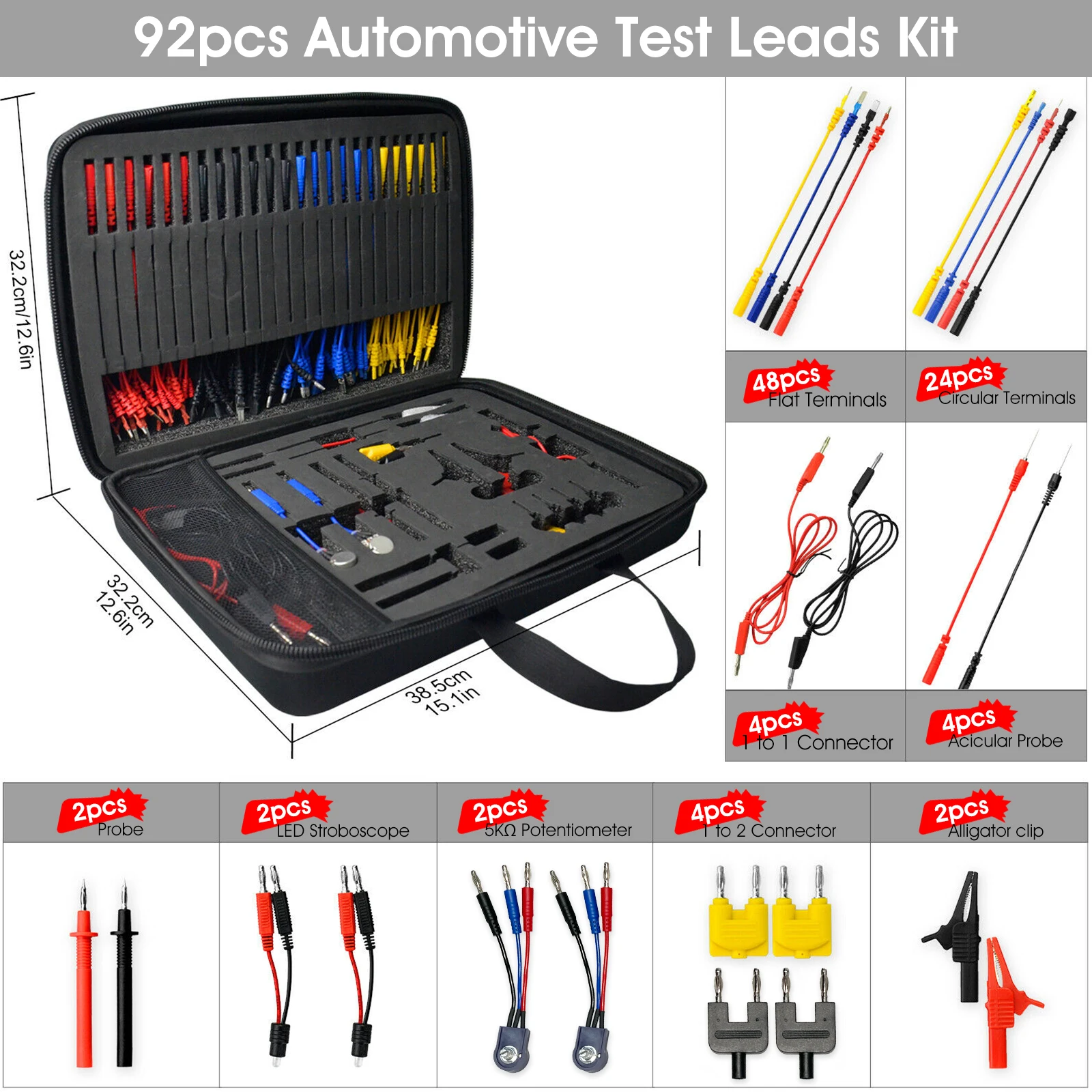 92pcs Automotive Test Leads Kit Electrical Wire Connector Terminal Tool Set with Alligator Clip Probe for Car Circuit Diagnosis