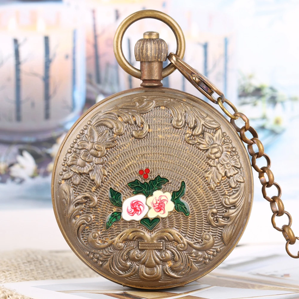 Retro Floral Double Hunter Automatic Mechanical Pocket Watch Moon Phase Dial Roman Numerals Pendant Pocket Watch Collection Gift
