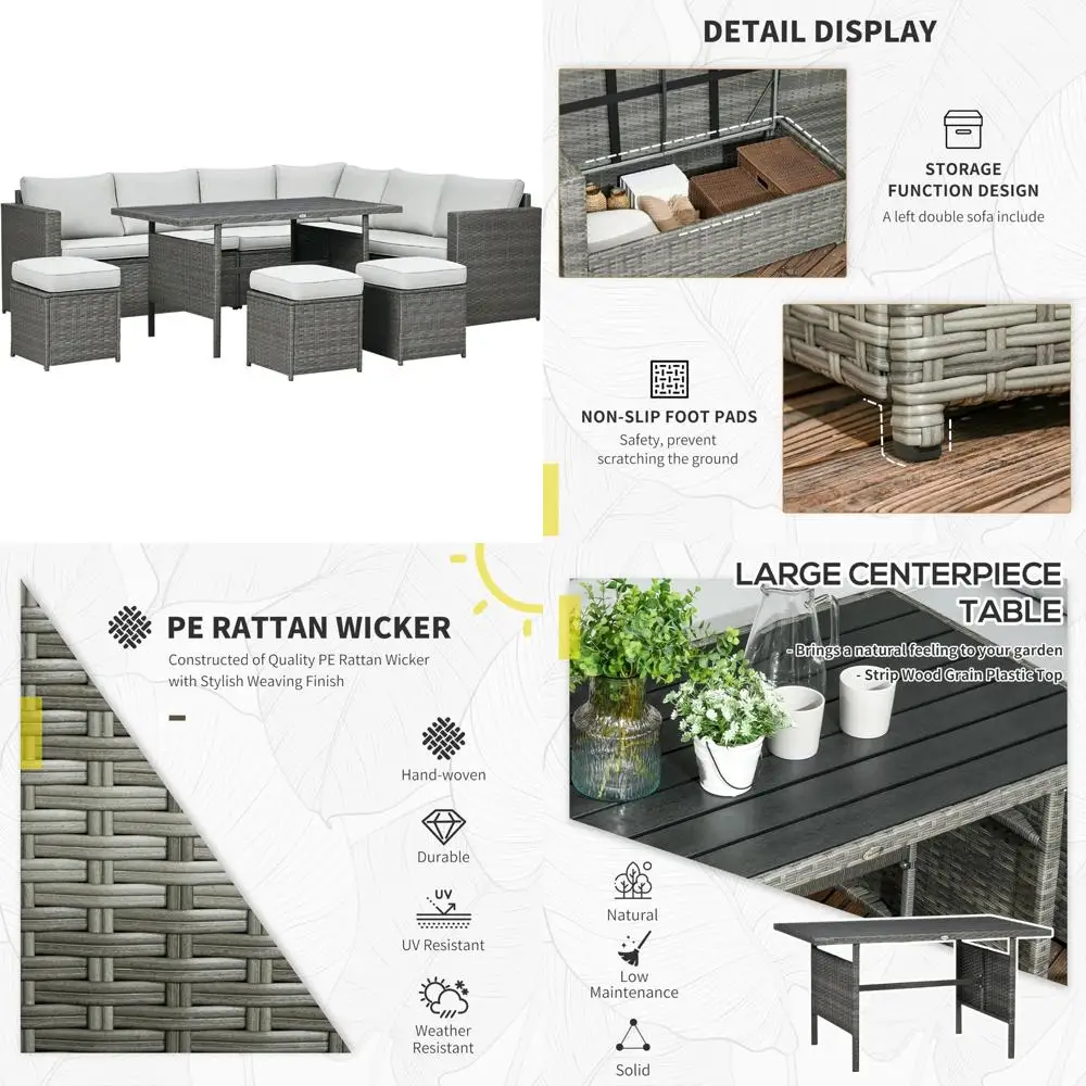 

Rattan Outdoor Patio Furniture 7-Piece Set: L-Shaped Sofa Sectional with Loveseats, Ottomans, and Dining Table