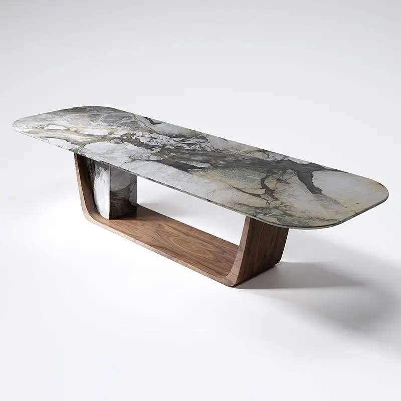 

"Italian Minimalist Dining Table - Natural Marble Top with Walnut Base, ENF Eco-Friendly Custom Luxury Designer Table"
