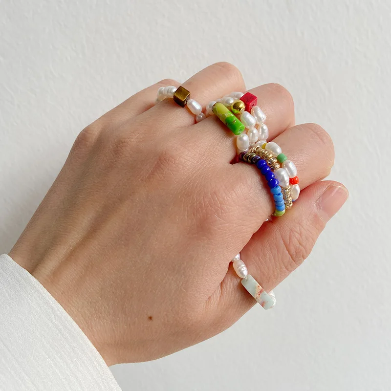 Bohemian Handmade Natural Stone Ring Healing Freshwater Pearl Rings Women Stretch Rope Wedding Ring Adjustable Jewelry Gift Bulk