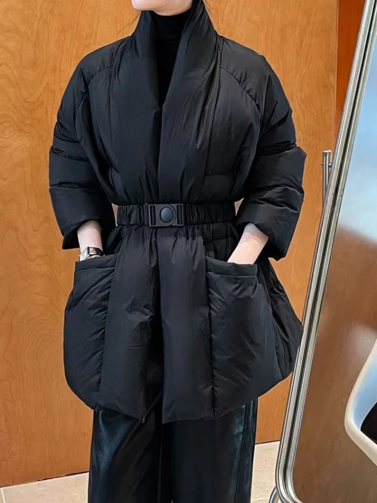 

New Fashion Temperament Cotton Coat Women Winter Warm Solid Color V-neck Gathered Waist Jacket Coats Parkas with Belt