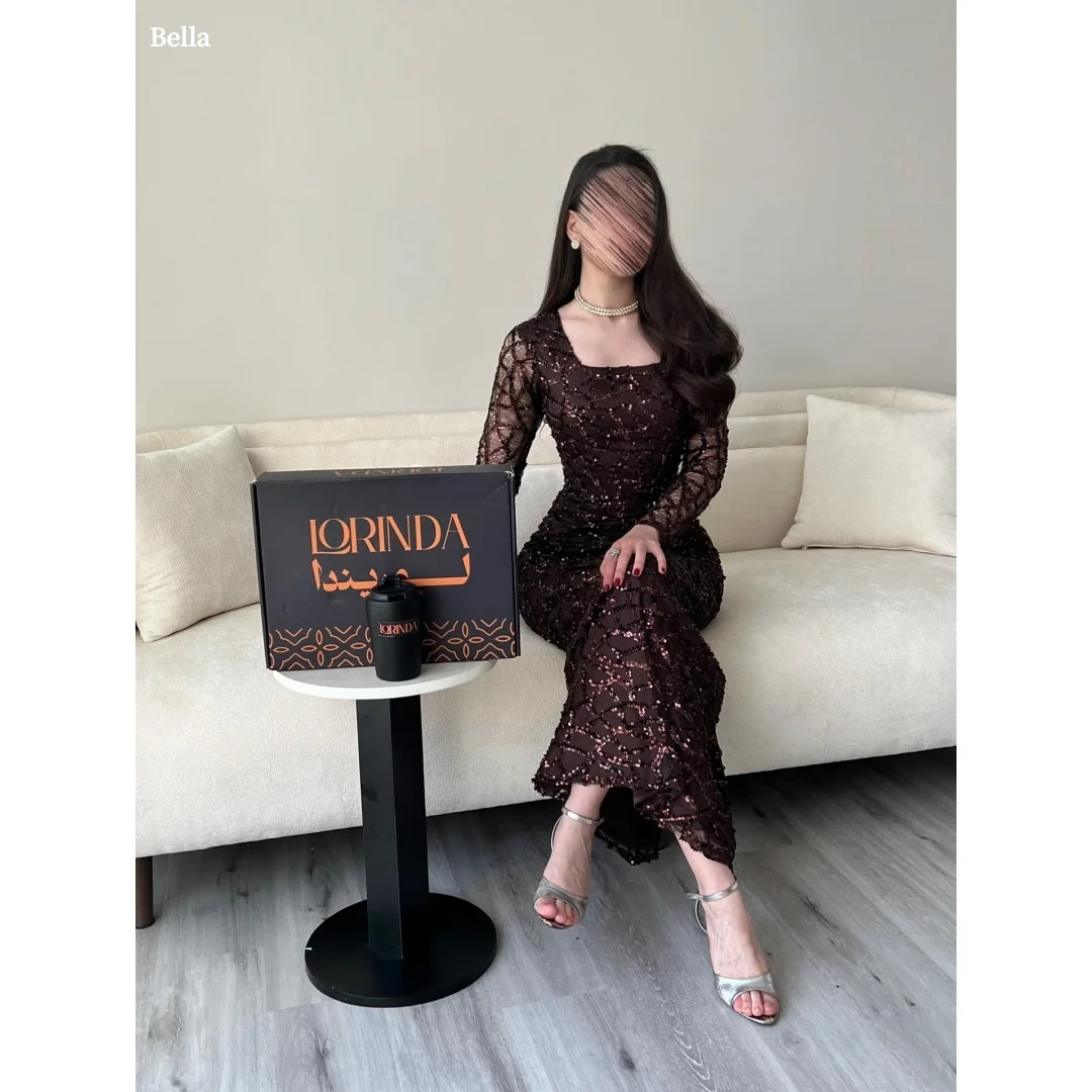 Bella personalizado Chocolate marrón cuello cuadrado largo encaje lentejuelas vestido de fiesta ajustado vestidos de fiesta hasta el suelo elegante vestido Formal