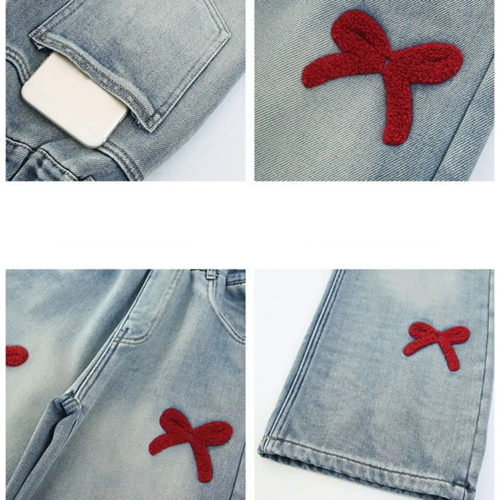 

Bow Embroidery Teens Girl Jeans High Waist Loose Children Y2K Jeans Gothic Straight Straight Casual Jeans Girls Gift